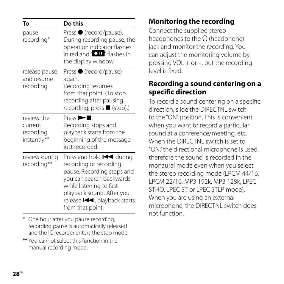 Monitoring the recording | Sony ICD-SX700D User Manual | Page 28 / 134