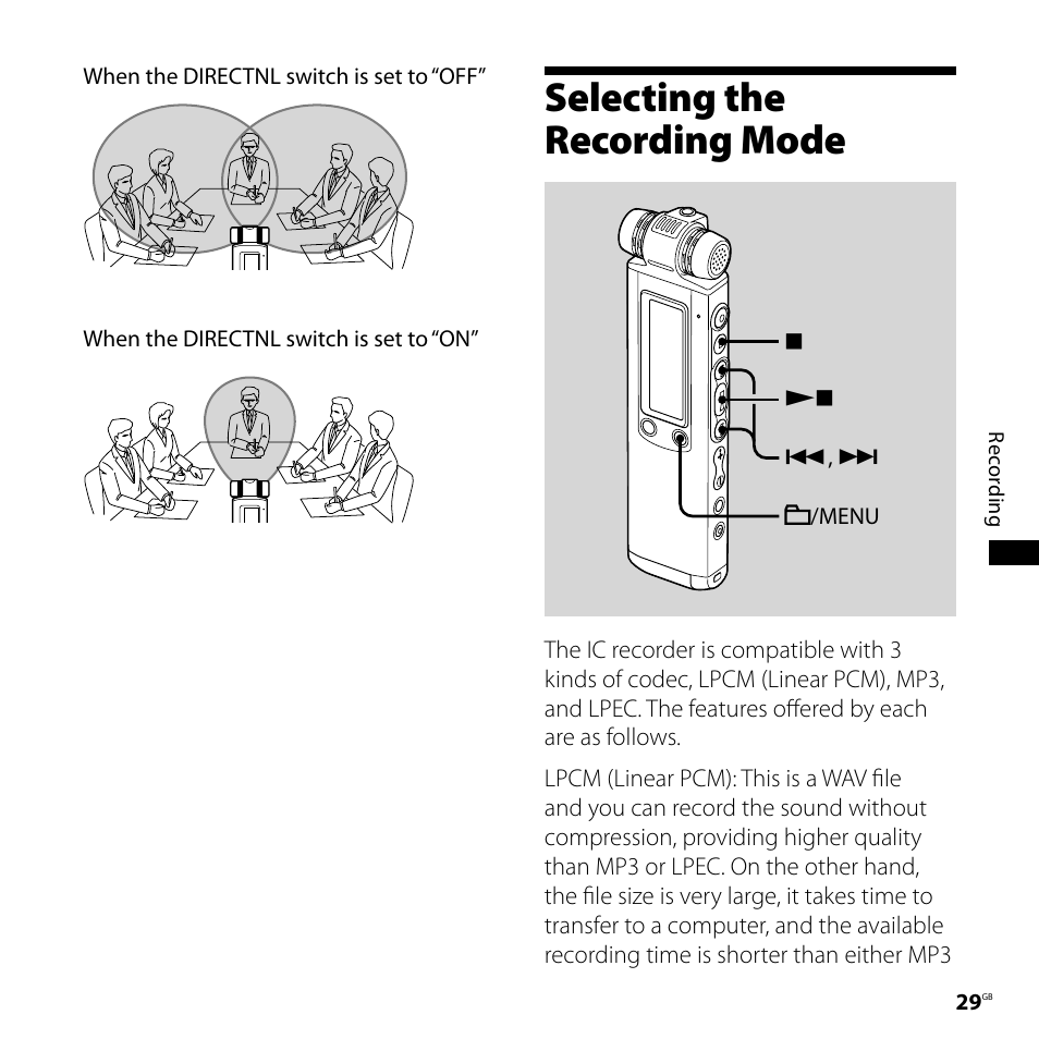 Selecting the recording mode | Sony ICD-SX700D User Manual | Page 29 / 134