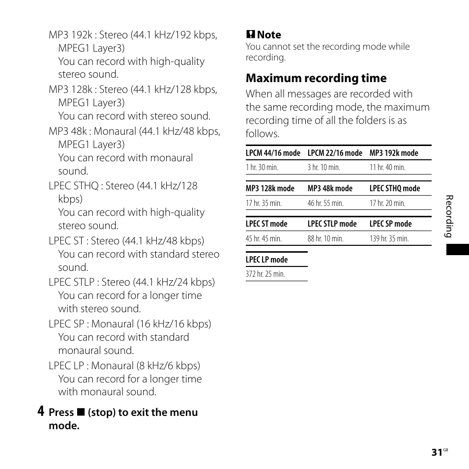 Maximum recording time | Sony ICD-SX700D User Manual | Page 31 / 134
