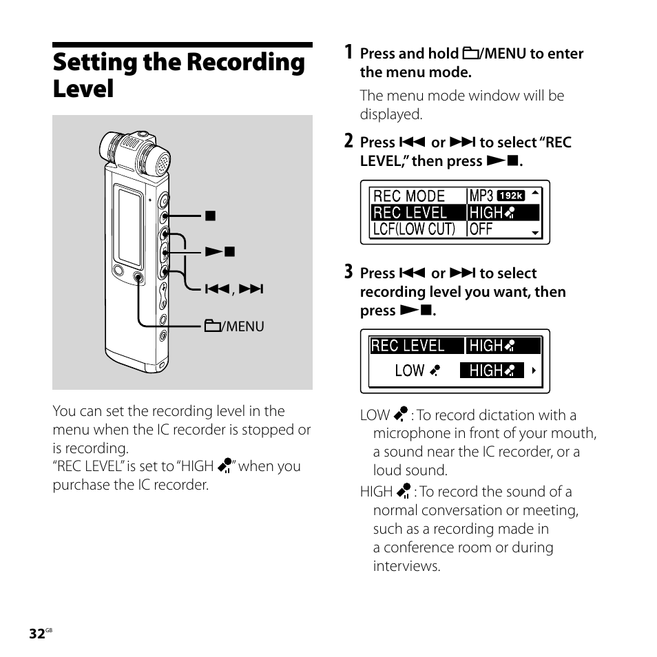 Setting the recording level | Sony ICD-SX700D User Manual | Page 32 / 134
