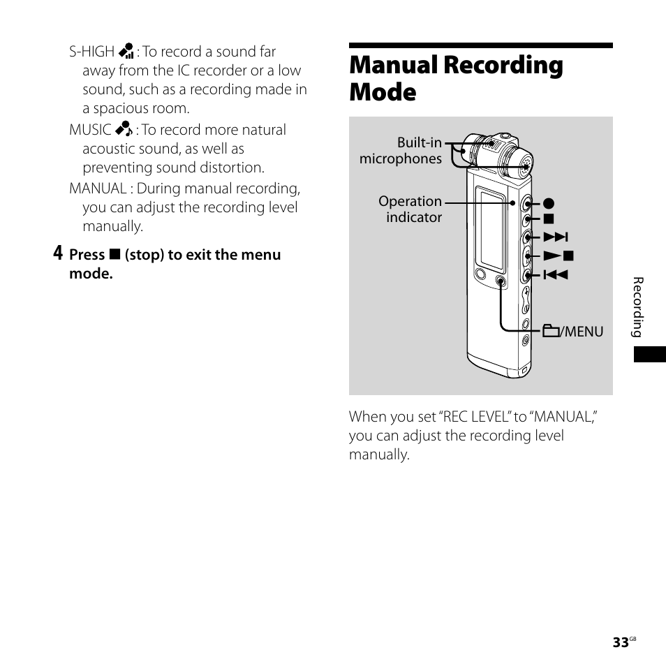 Manual recording mode | Sony ICD-SX700D User Manual | Page 33 / 134