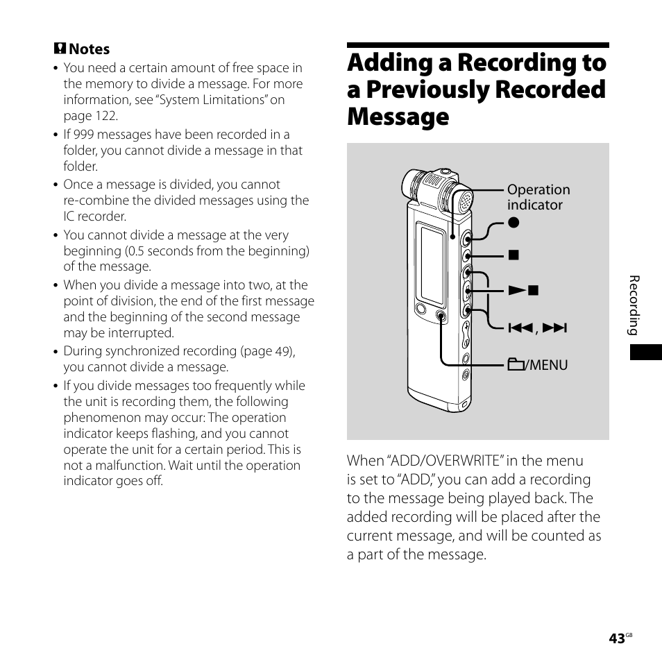 Adding a recording to a previously, Recorded message | Sony ICD-SX700D User Manual | Page 43 / 134