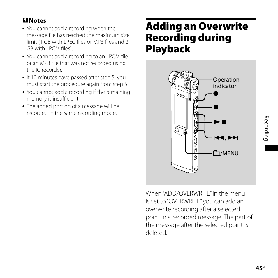 Adding an overwrite recording during playback, Adding an overwrite recording during, Playback | Sony ICD-SX700D User Manual | Page 45 / 134
