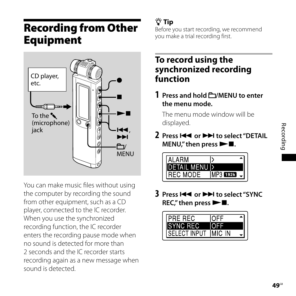 Recording from other equipment, To record using the synchronized, Recording function | Sony ICD-SX700D User Manual | Page 49 / 134