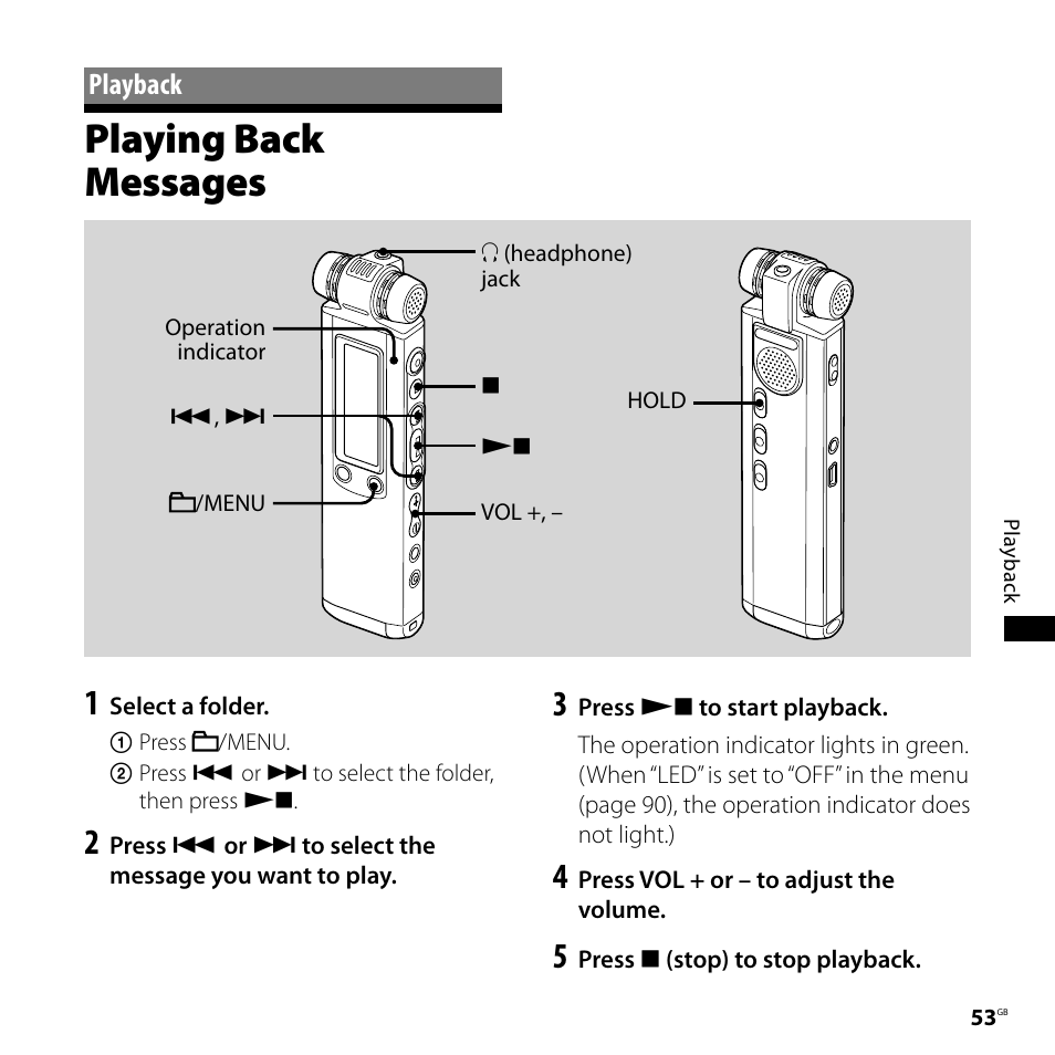 Playback, Playing back messages | Sony ICD-SX700D User Manual | Page 53 / 134