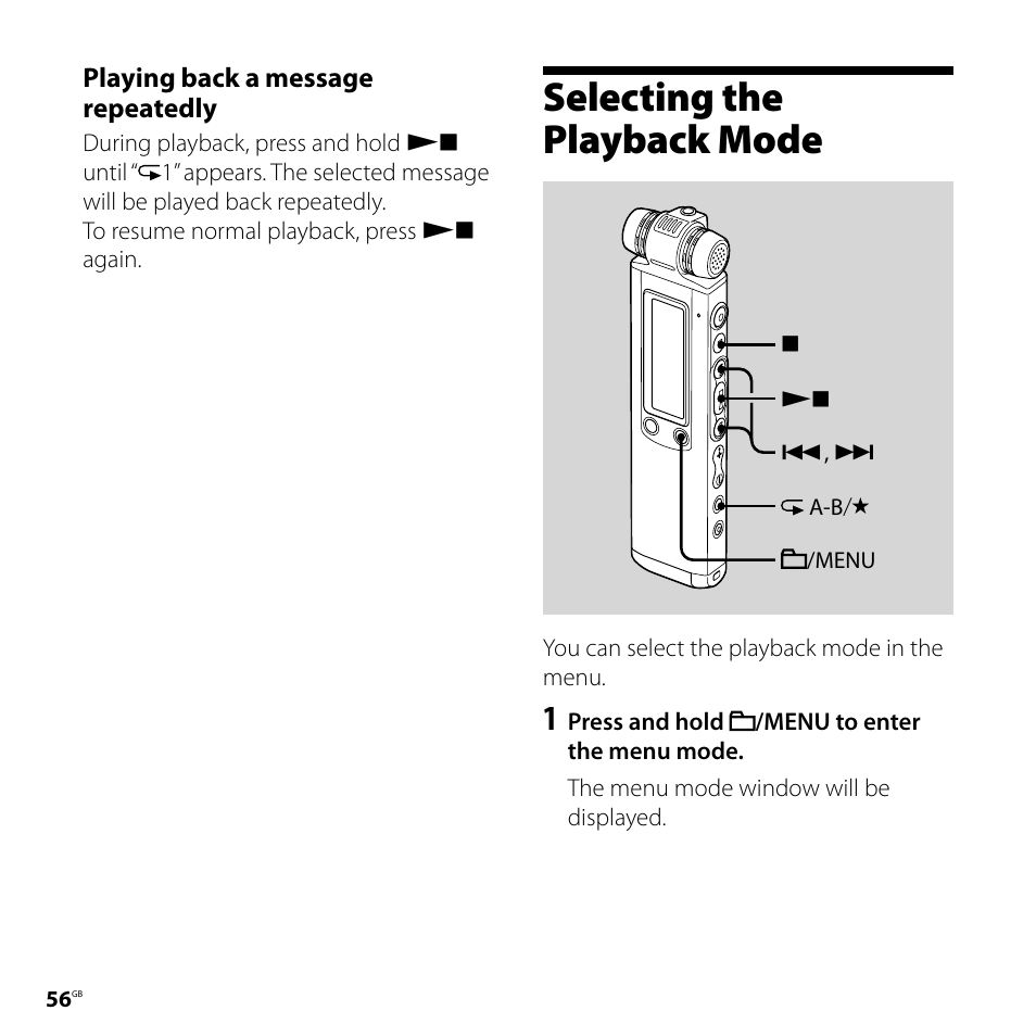 Selecting the playback mode | Sony ICD-SX700D User Manual | Page 56 / 134