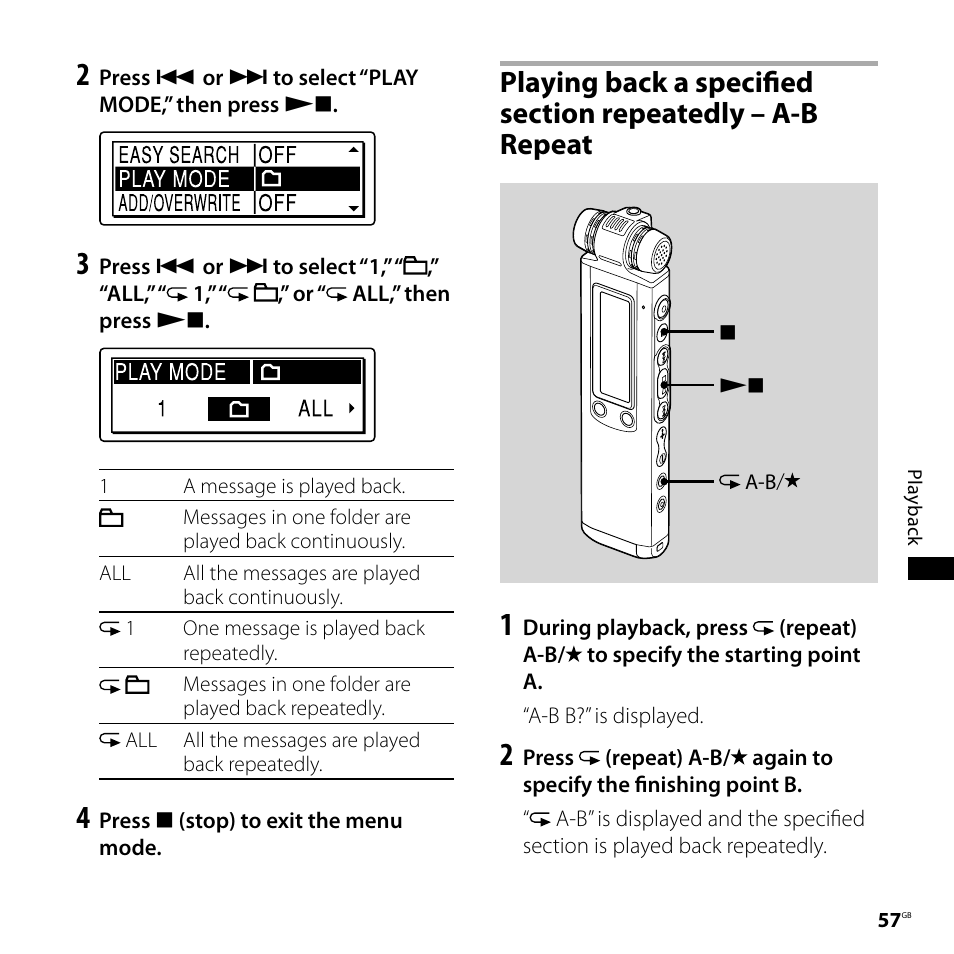 Playing back a specified section, Repeatedly – a-b repeat | Sony ICD-SX700D User Manual | Page 57 / 134