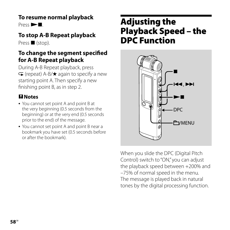 Adjusting the playback speed – the dpc function, Adjusting the playback speed, The dpc function | Sony ICD-SX700D User Manual | Page 58 / 134