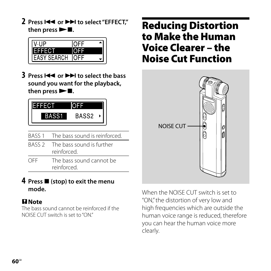 Reducing distortion to make the, Human voice clearer, The noise cut function | Sony ICD-SX700D User Manual | Page 60 / 134
