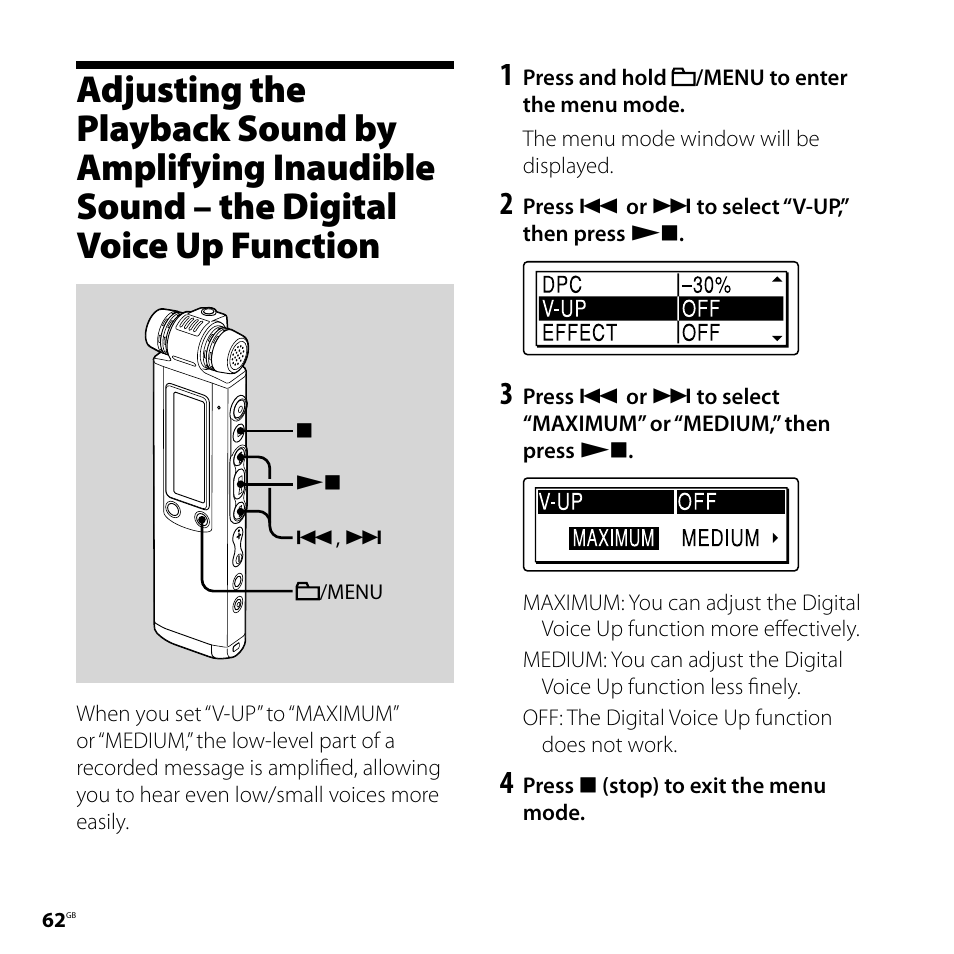 Adjusting the playback sound by, Amplifying inaudible sound, The digital voice up function | Sony ICD-SX700D User Manual | Page 62 / 134