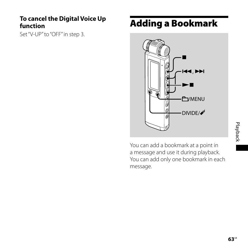 Adding a bookmark | Sony ICD-SX700D User Manual | Page 63 / 134
