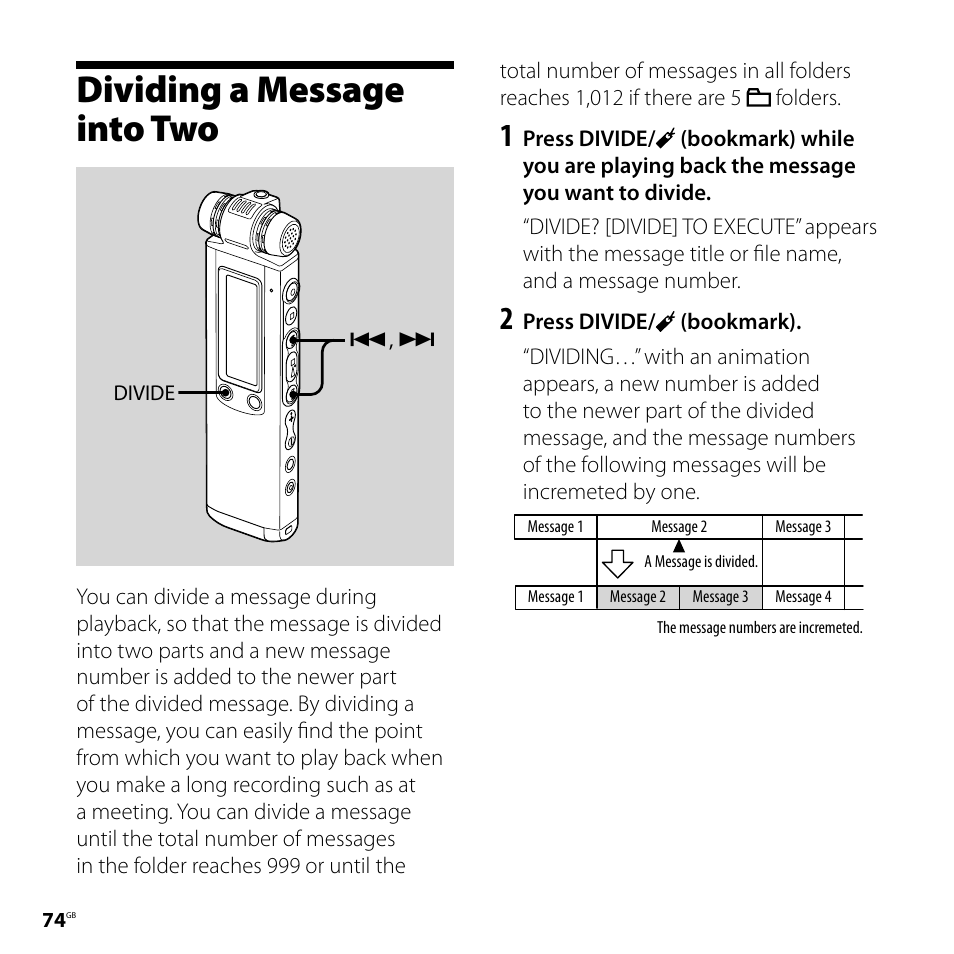 Dividing a message into two | Sony ICD-SX700D User Manual | Page 74 / 134