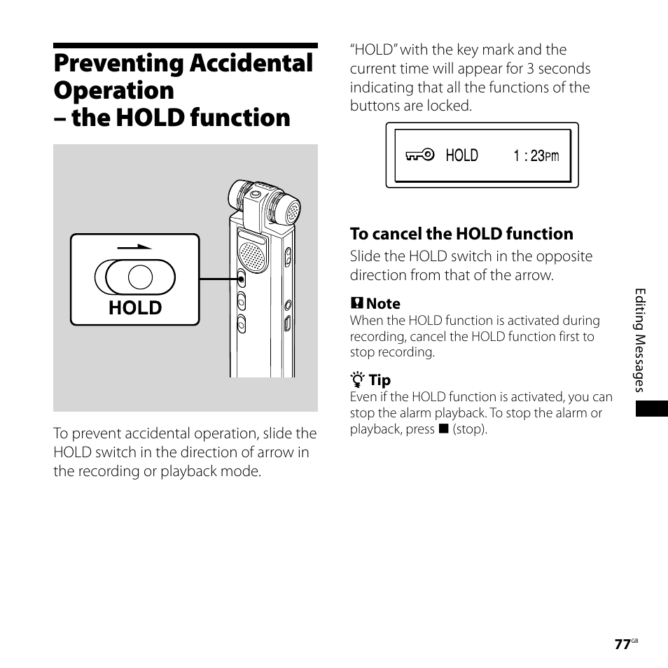 Preventing accidental operation, The hold function | Sony ICD-SX700D User Manual | Page 77 / 134