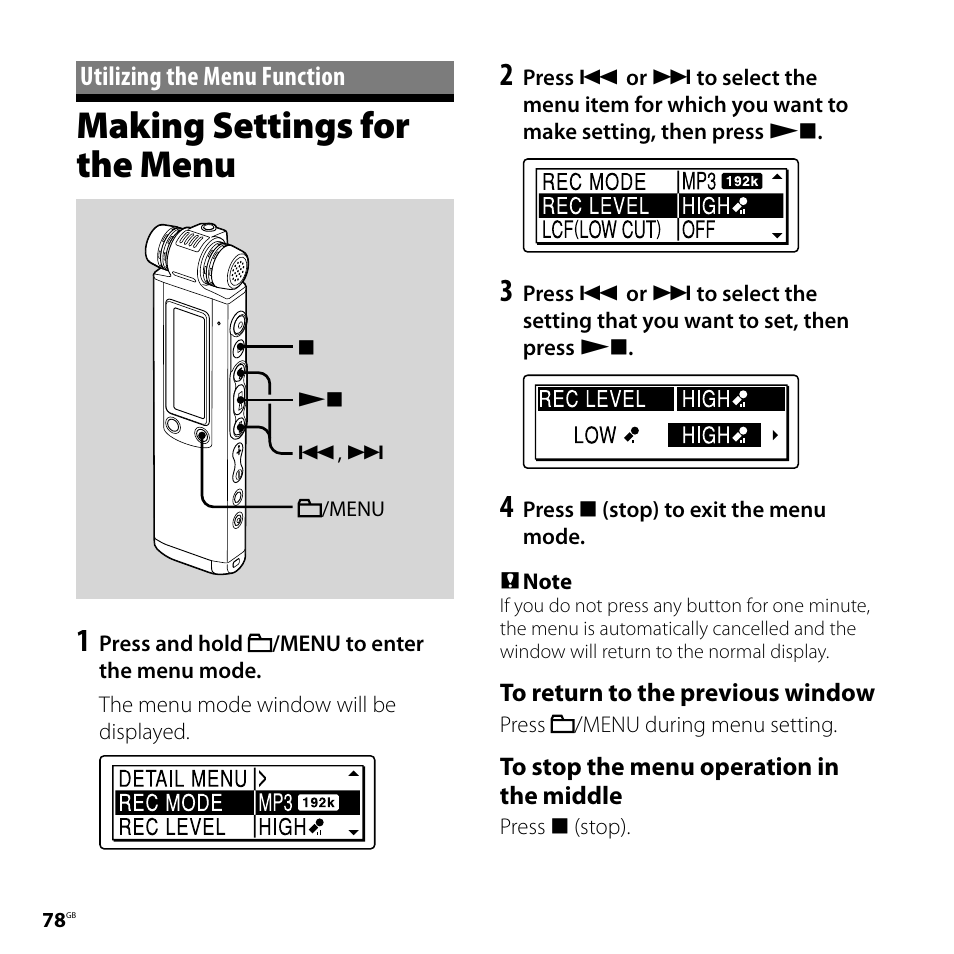 Utilizing the menu function, Making settings for the menu | Sony ICD-SX700D User Manual | Page 78 / 134