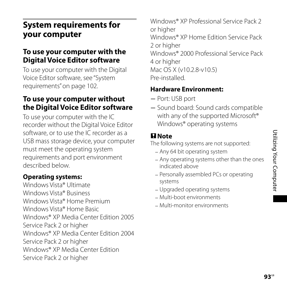 System requirements for your computer, System requirements for your, Computer | Sony ICD-SX700D User Manual | Page 93 / 134