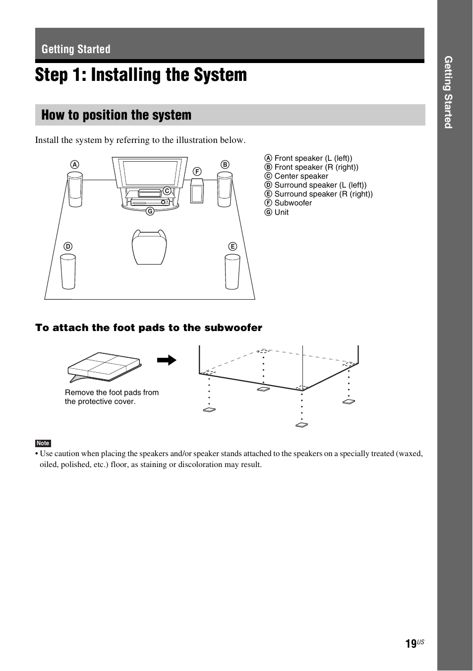 Getting started, Step 1: installing the system, How to position the system | Sony DAV-DZ170 User Manual | Page 19 / 76