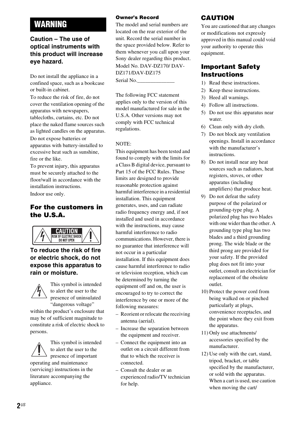 Warning | Sony DAV-DZ170 User Manual | Page 2 / 76