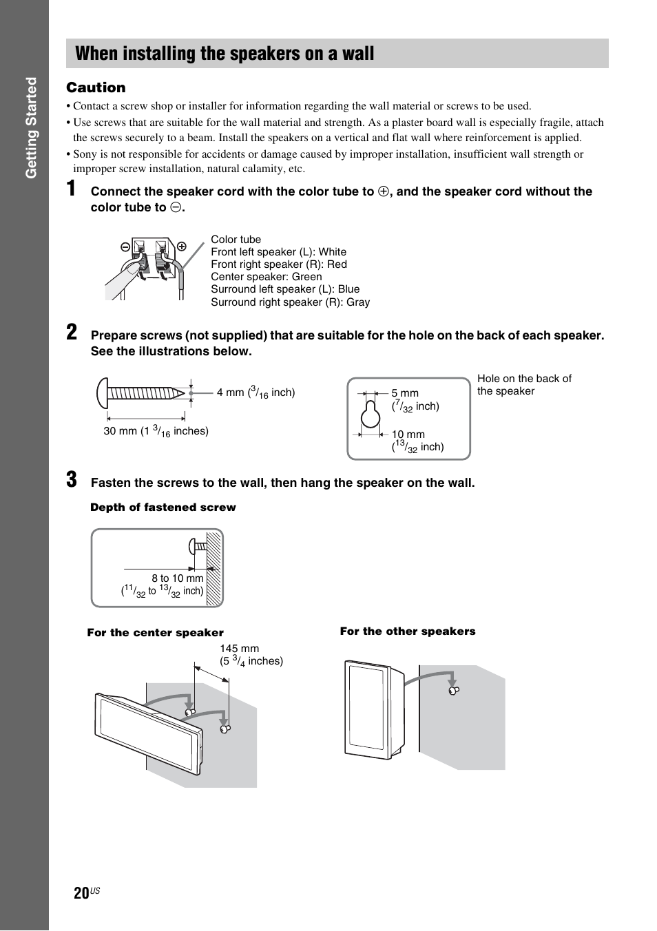 When installing the speakers on a wall, Gettin g star ted caution | Sony DAV-DZ170 User Manual | Page 20 / 76