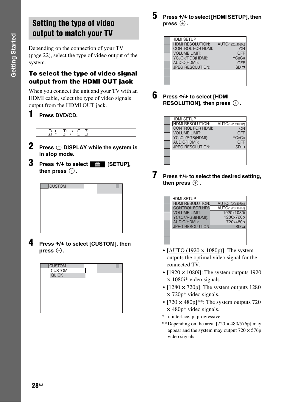 Setting the type of video output to match your tv, Gettin g star ted | Sony DAV-DZ170 User Manual | Page 28 / 76
