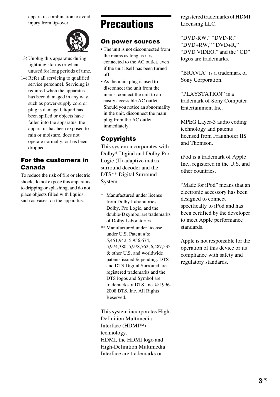 Precautions | Sony DAV-DZ170 User Manual | Page 3 / 76