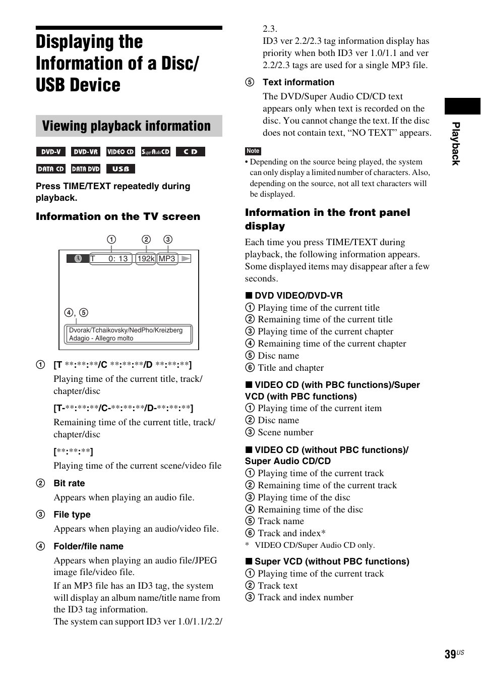 Displaying the information of a disc/ usb device, Viewing playback information, Displaying the information of a disc | Usb device | Sony DAV-DZ170 User Manual | Page 39 / 76
