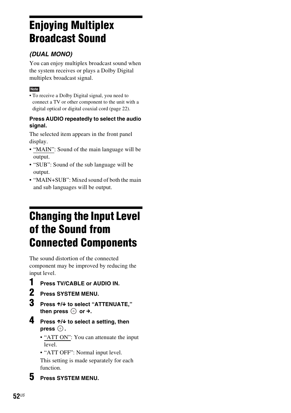 Enjoying multiplex broadcast sound, Enjoying multiplex broadcast, Sound | Changing the input level of the sound, From connected components | Sony DAV-DZ170 User Manual | Page 52 / 76