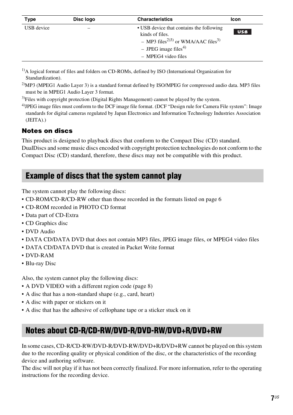 Example of discs that the system cannot play, Notes about cd-r/cd-rw/dvd-r/dvd-rw/dvd+r/dvd+rw | Sony DAV-DZ170 User Manual | Page 7 / 76