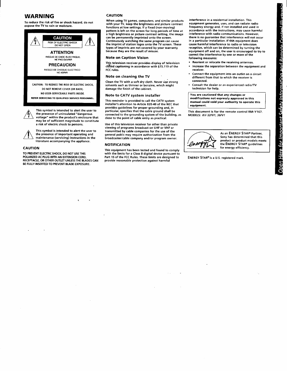 Warning | Sony KV-32FV1 User Manual | Page 2 / 37