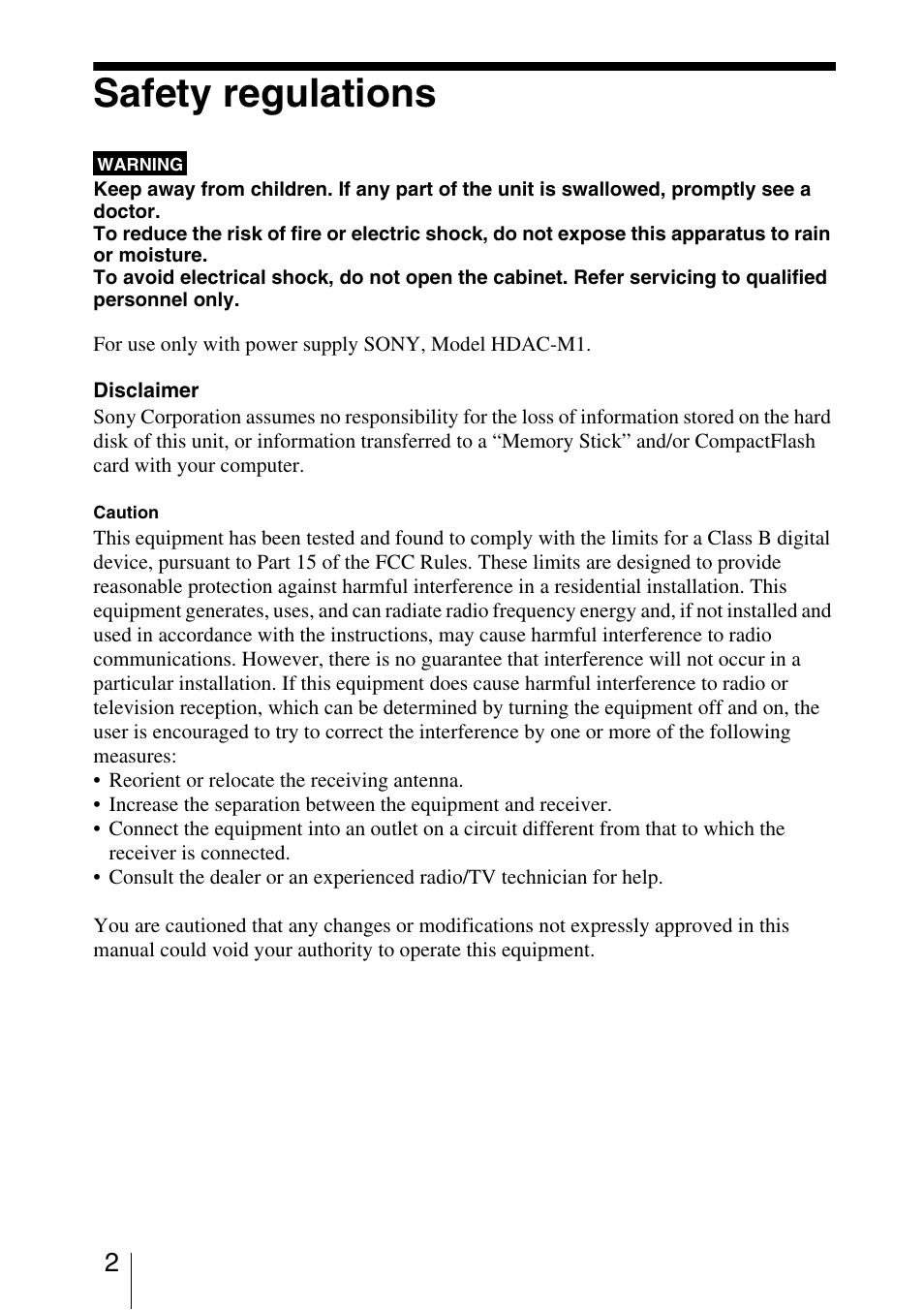 Safety regulations | Sony HDPS-M10 User Manual | Page 2 / 24