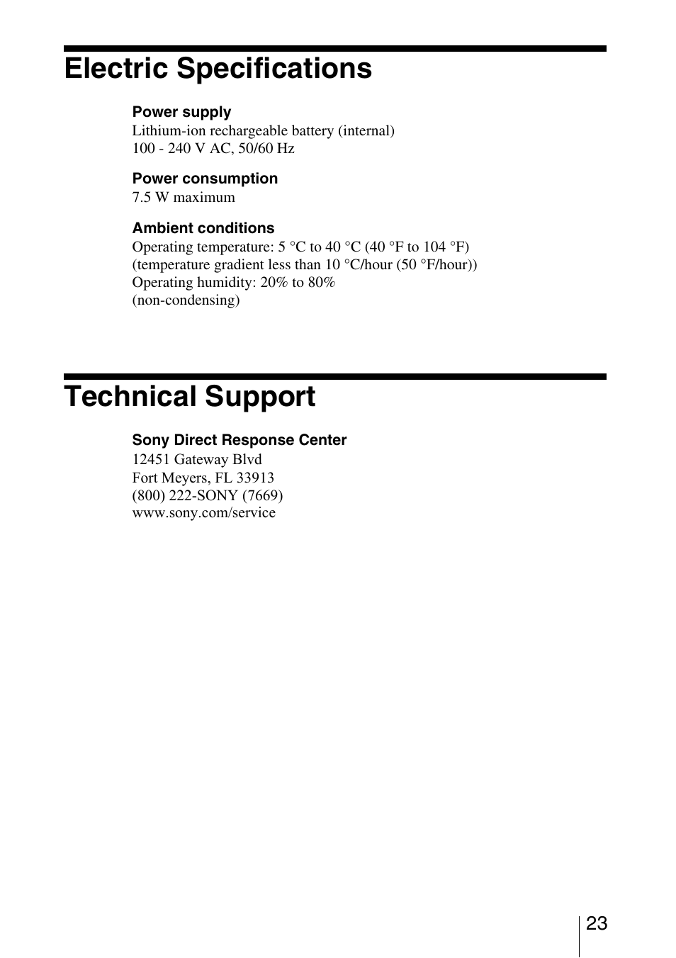 Electric specifications, Technical support | Sony HDPS-M10 User Manual | Page 23 / 24