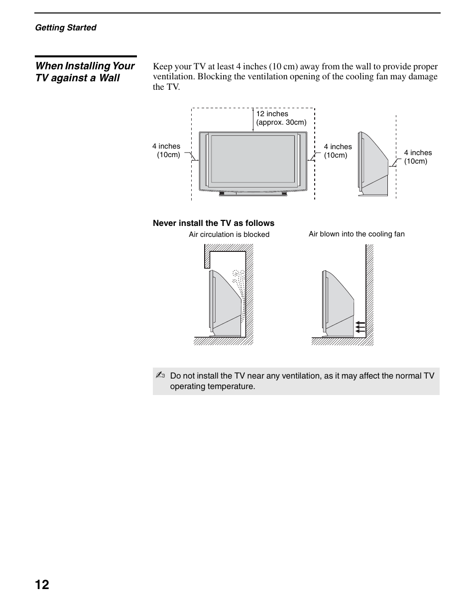 When installing your tv against a wall | Sony KDS-R60XBR2 User Manual | Page 12 / 83