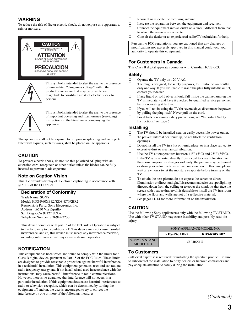 Attention, Precaucion, Continued) | Warning, Caution, Notification, For customers in canada, Safety, Installing, Declaration of conformity | Sony KDS-R60XBR2 User Manual | Page 3 / 83