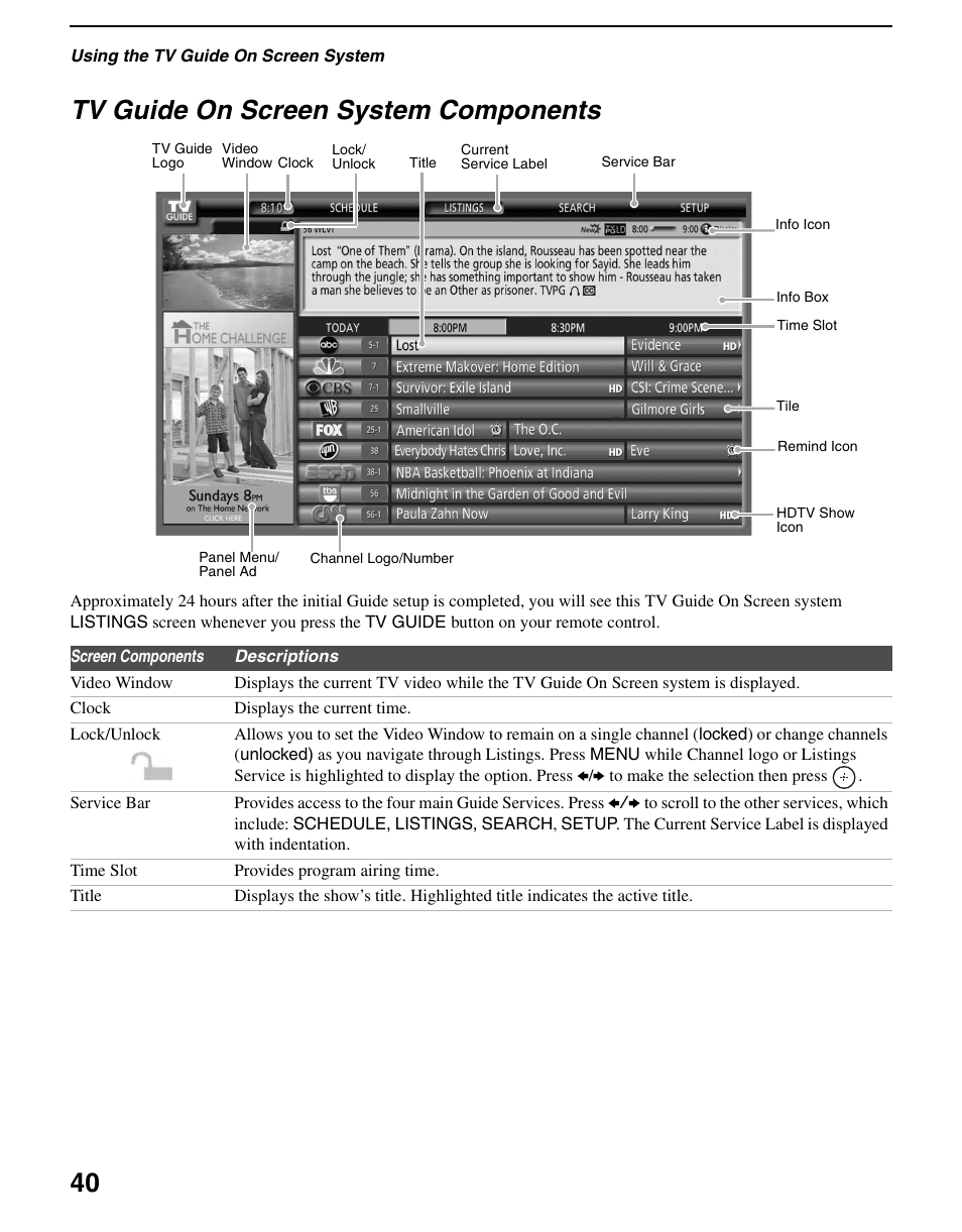 Tv guide on screen system components, 40 tv guide on screen system components | Sony KDS-R60XBR2 User Manual | Page 40 / 83