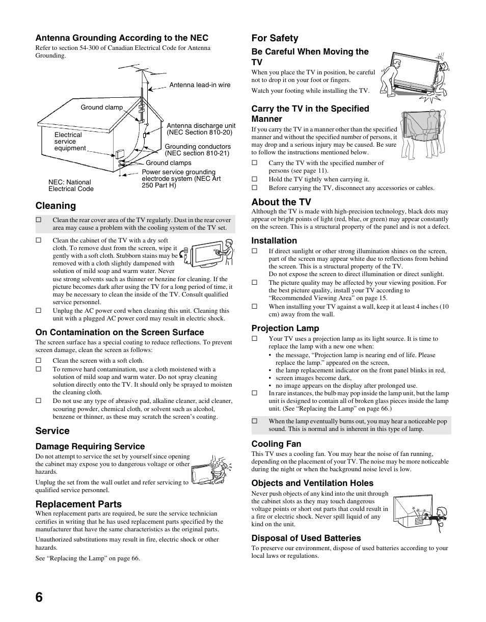 Cleaning, Service, Replacement parts | For safety, About the tv | Sony KDS-R60XBR2 User Manual | Page 6 / 83