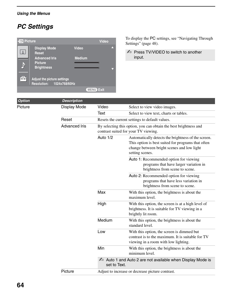 Pc settings, 64 pc settings | Sony KDS-R60XBR2 User Manual | Page 64 / 83