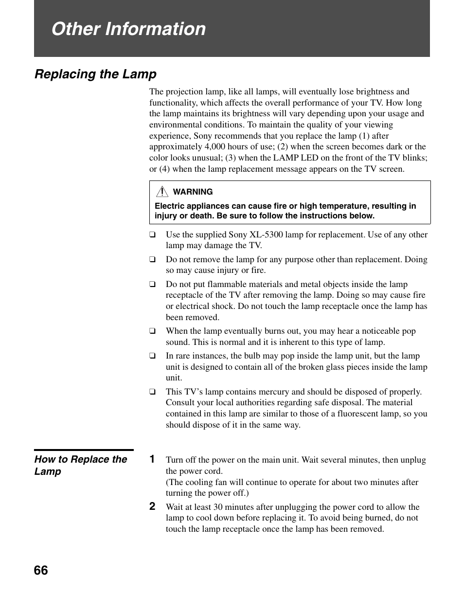 Other information, Replacing the lamp, How to replace the lamp | Sony KDS-R60XBR2 User Manual | Page 66 / 83