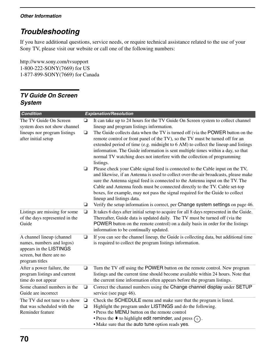 Troubleshooting, Tv guide on screen system, 70 troubleshooting | Sony KDS-R60XBR2 User Manual | Page 70 / 83