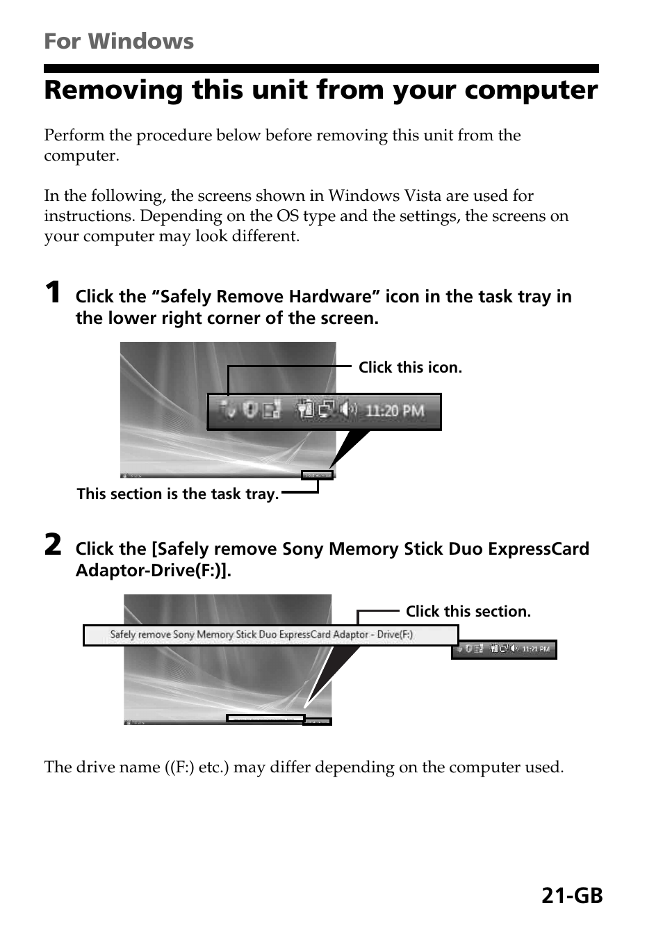 Removing this unit from your computer | Sony MSAC-EX1 User Manual | Page 21 / 34