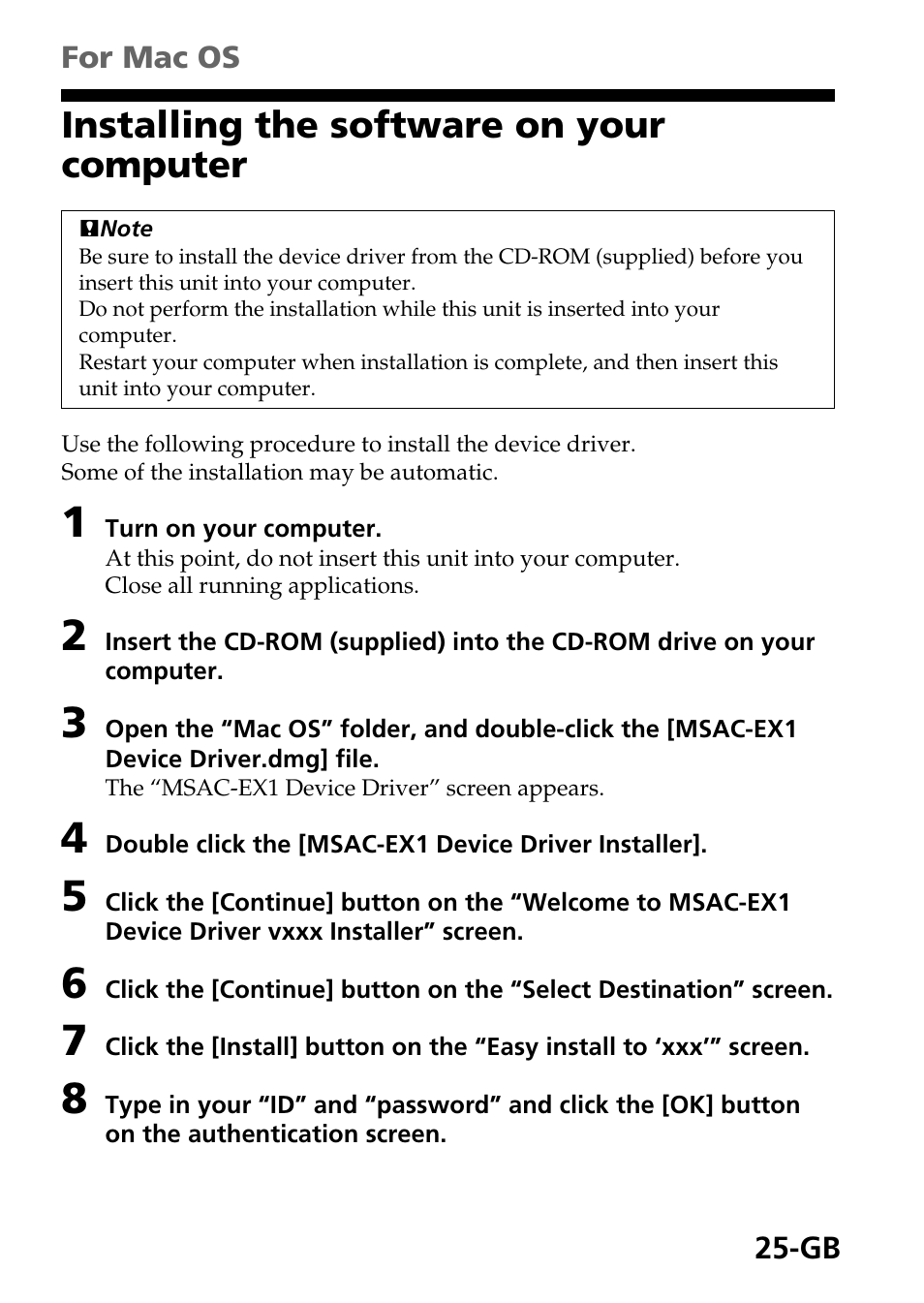 Installing the software on your computer | Sony MSAC-EX1 User Manual | Page 25 / 34