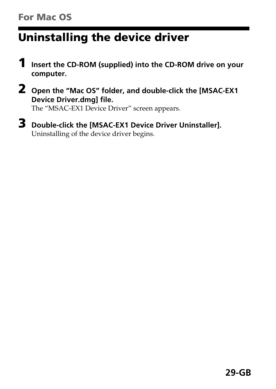 Uninstalling the device driver | Sony MSAC-EX1 User Manual | Page 29 / 34