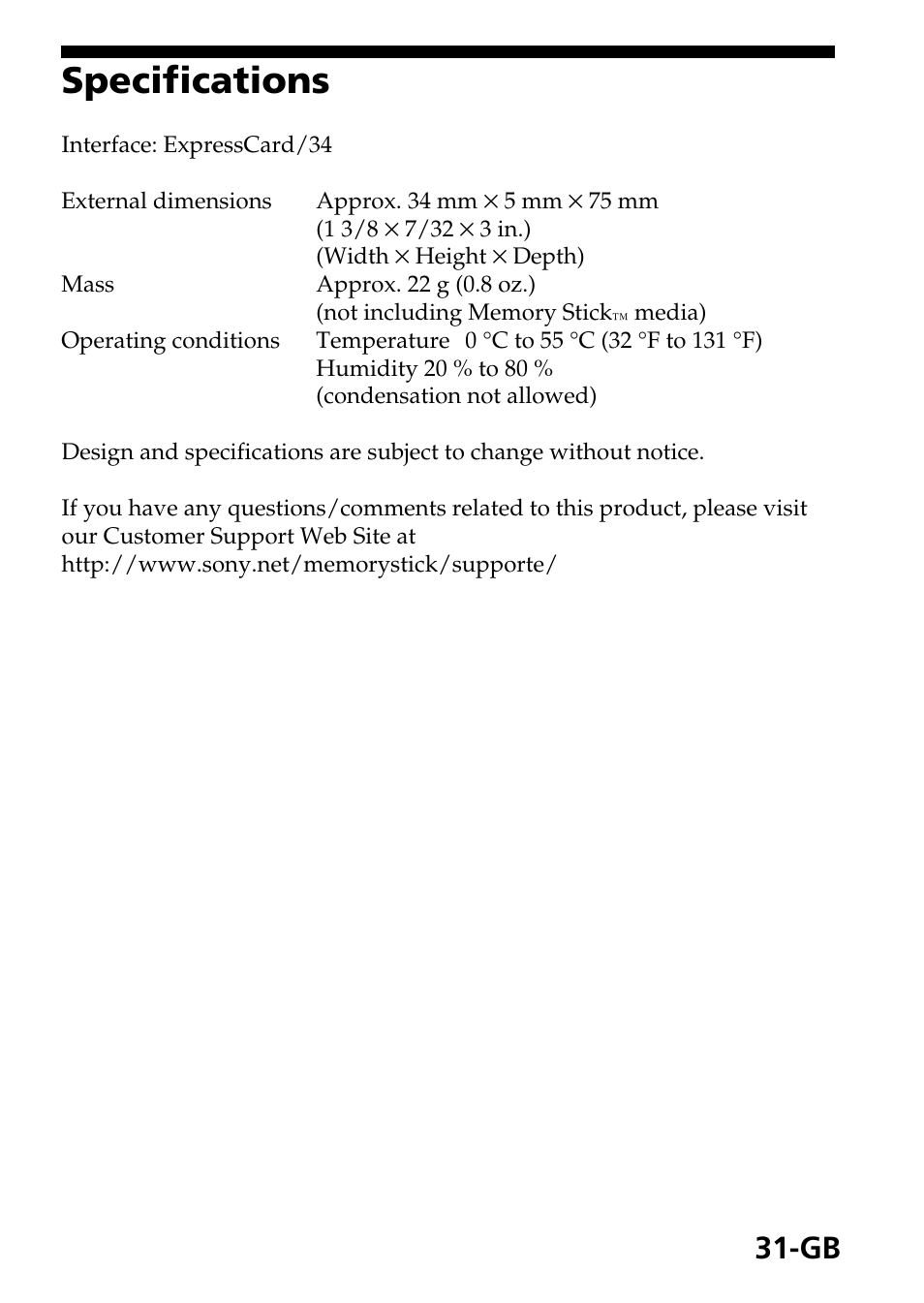 Specifications | Sony MSAC-EX1 User Manual | Page 31 / 34