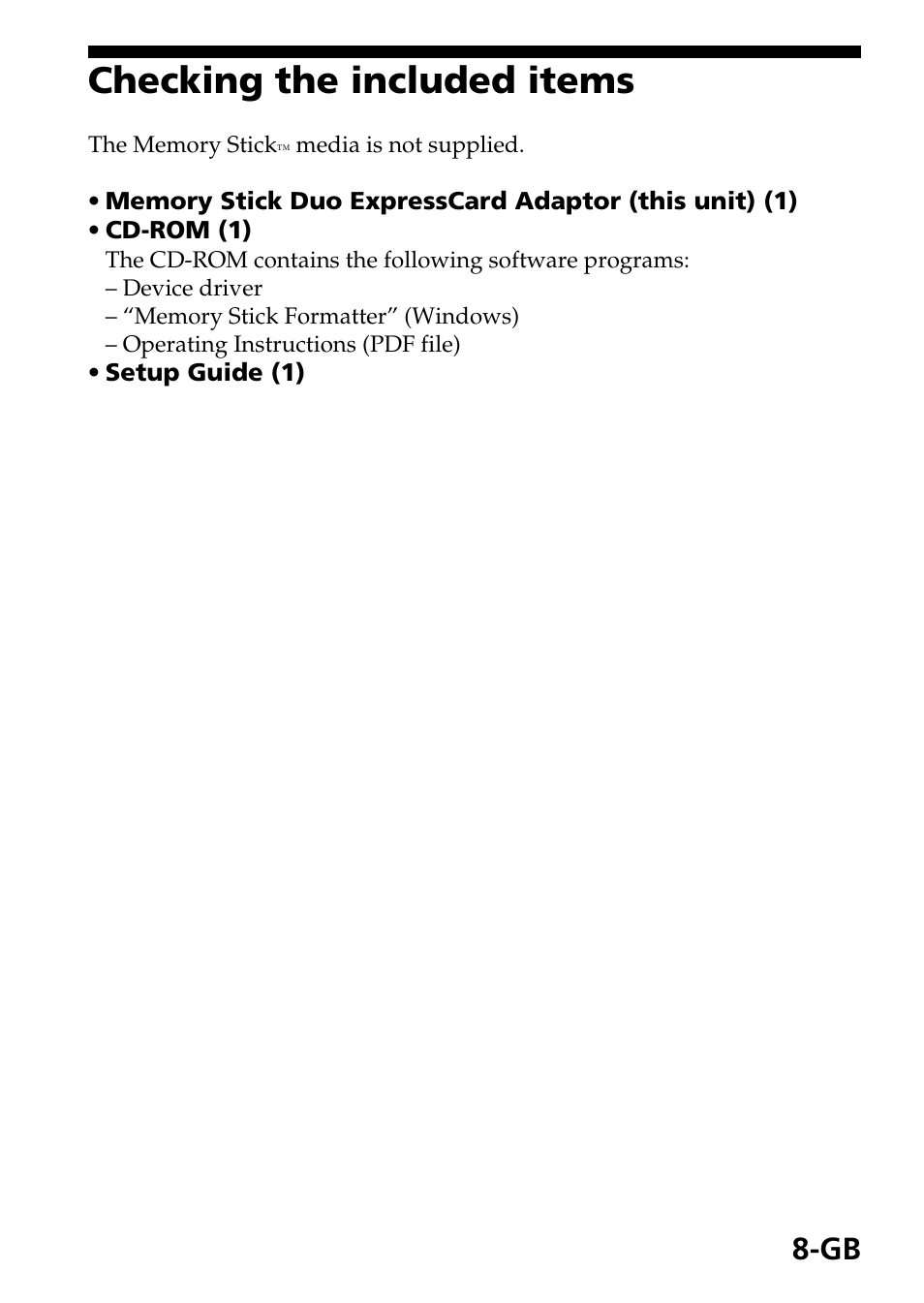 Checking the included items | Sony MSAC-EX1 User Manual | Page 8 / 34