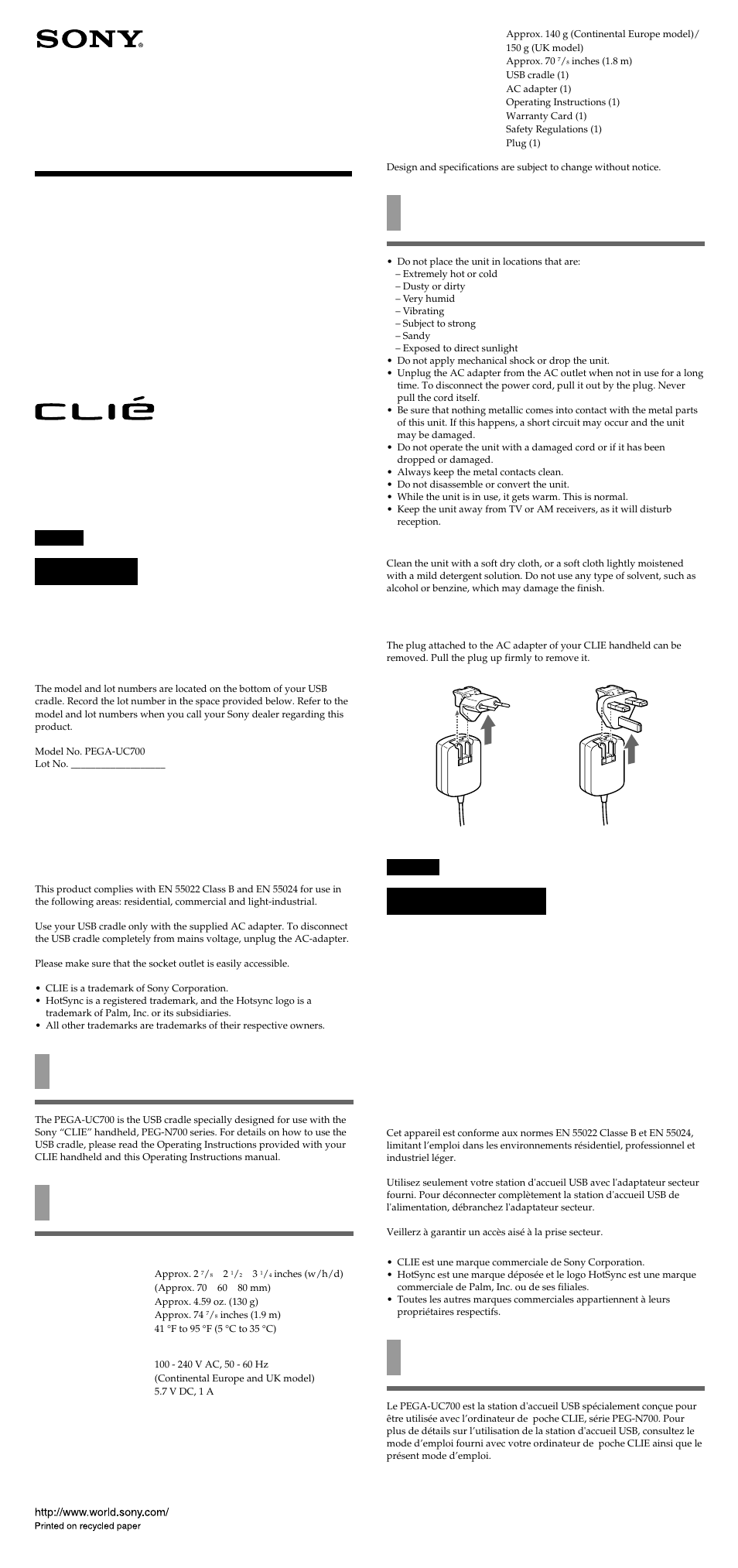 Sony PEGA-UC700 User Manual | 2 pages