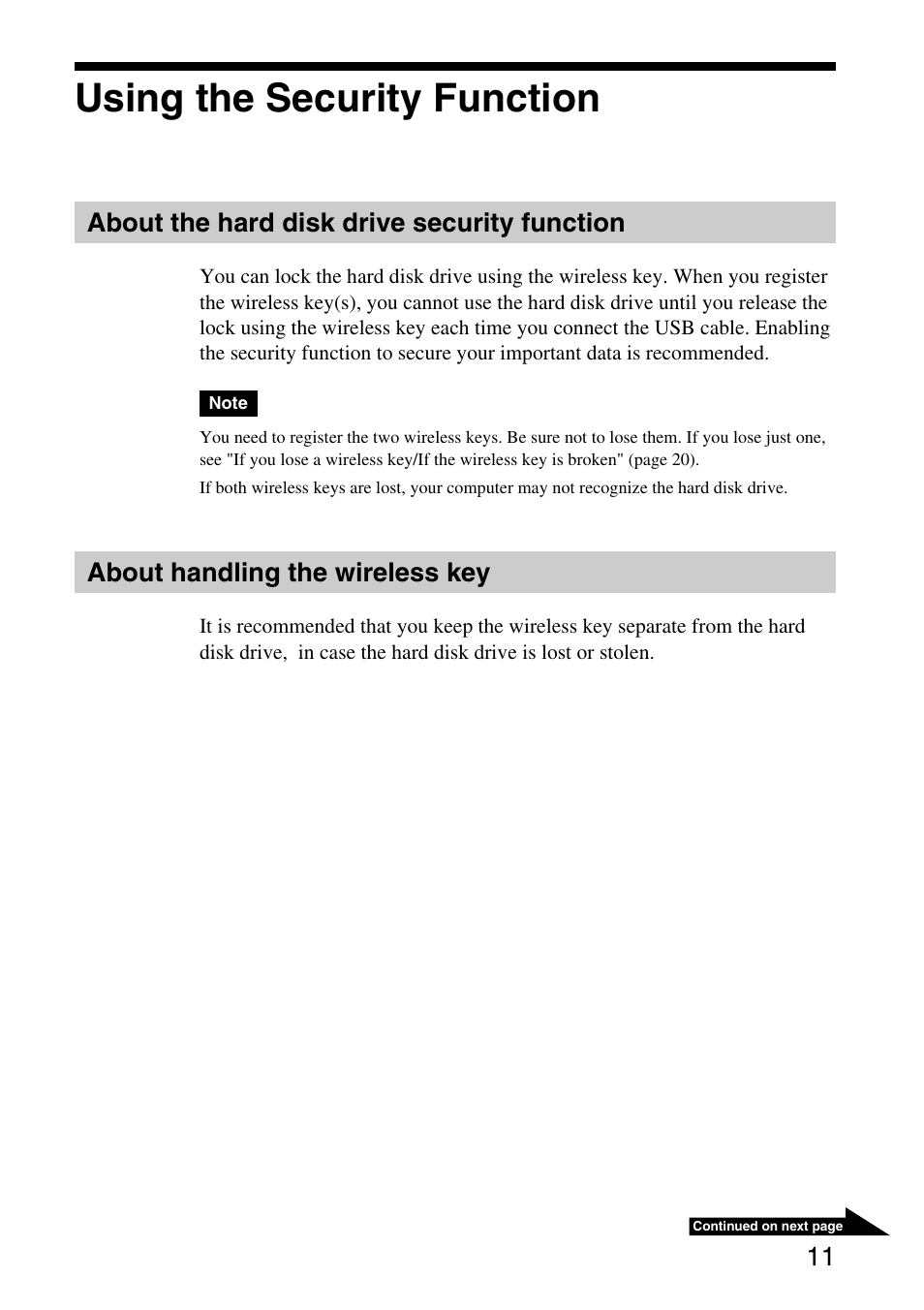 Using the security function, About the hard disk drive security function, About handling the wireless key | Sony VGP-UHDP04 User Manual | Page 11 / 23