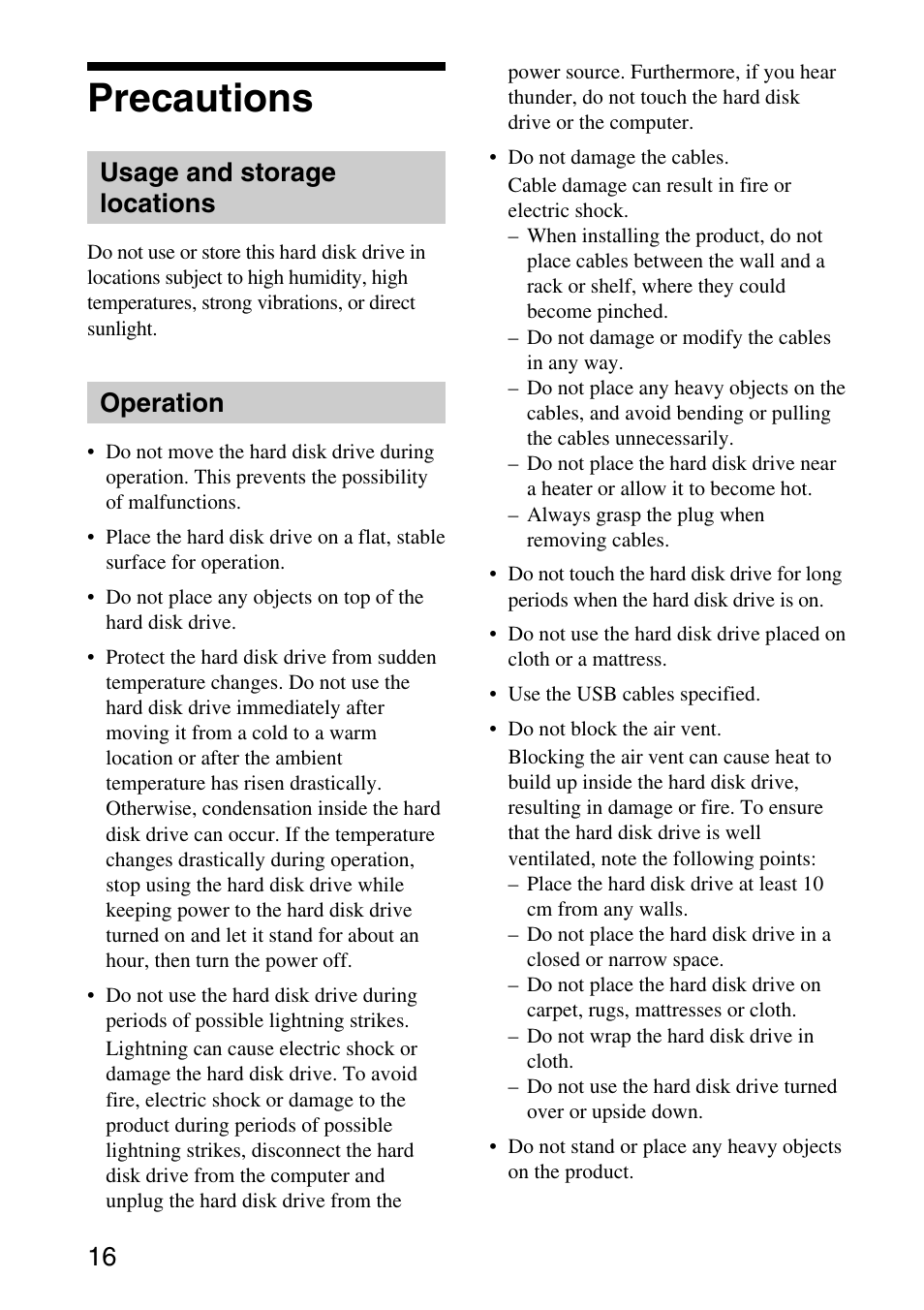 Precautions, Usage and storage locations, Operation | Sony VGP-UHDP04 User Manual | Page 16 / 23