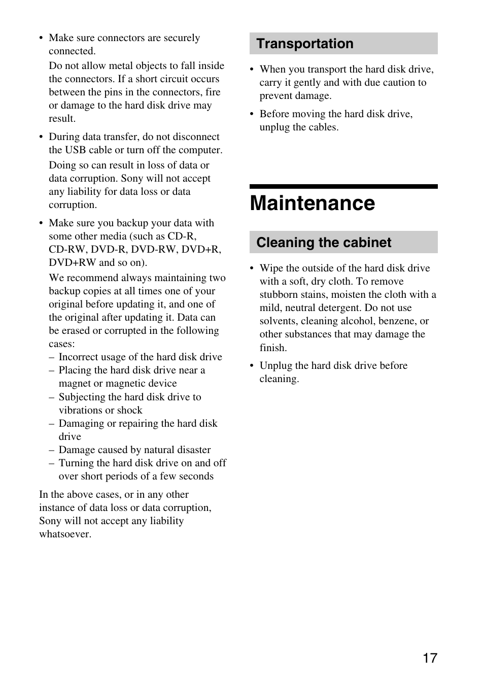Maintenance, Transportation, Cleaning the cabinet | Sony VGP-UHDP04 User Manual | Page 17 / 23