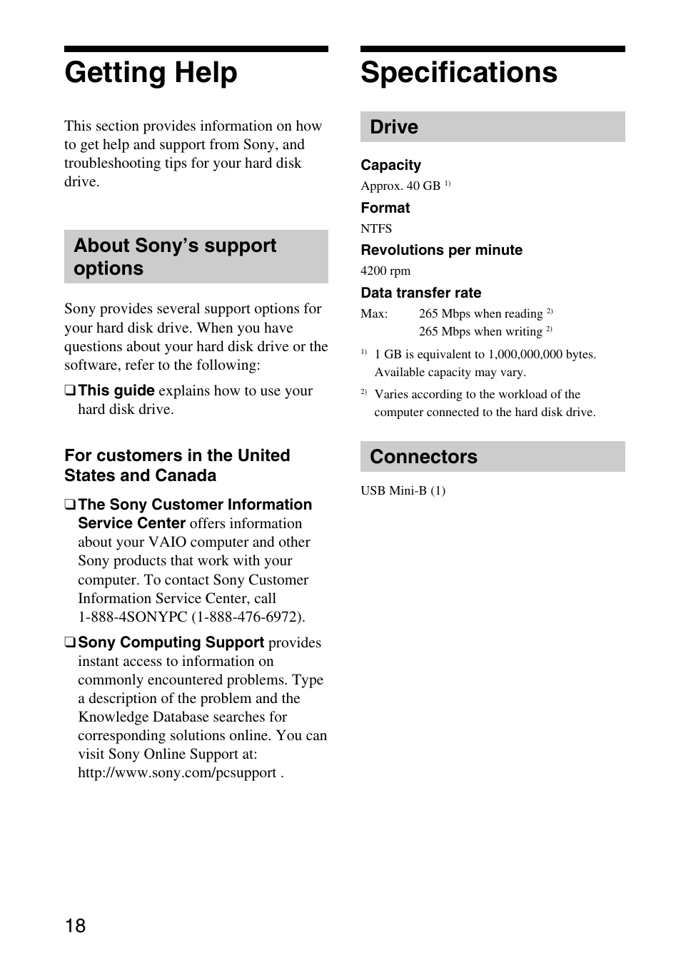 Getting help, Specifications, About sony’s support options | Drive, Connectors | Sony VGP-UHDP04 User Manual | Page 18 / 23