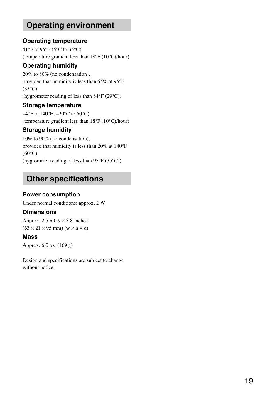 19 operating environment, Other specifications | Sony VGP-UHDP04 User Manual | Page 19 / 23