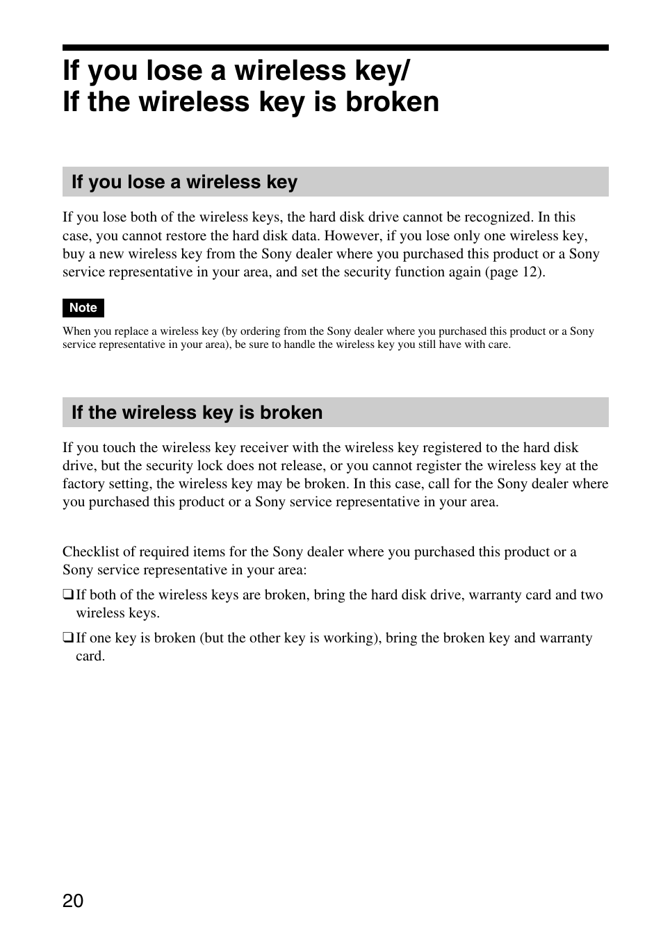 If you lose a wireless key, If the wireless key is broken | Sony VGP-UHDP04 User Manual | Page 20 / 23