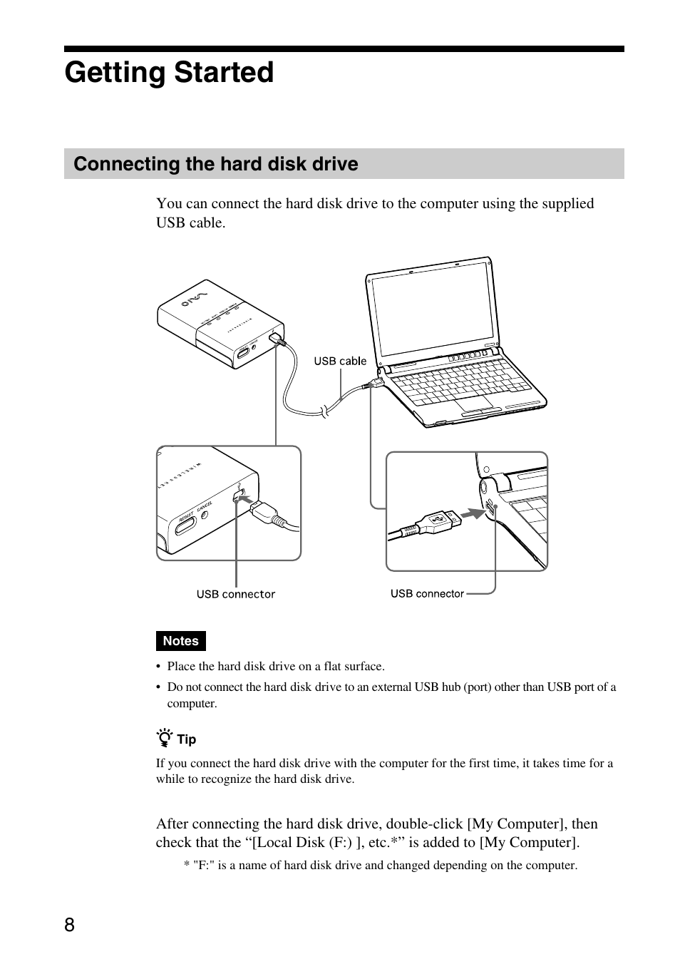 Getting started, Connecting the hard disk drive | Sony VGP-UHDP04 User Manual | Page 8 / 23